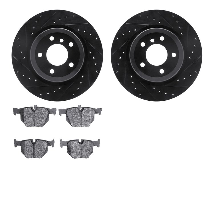 8502-31087 Drilled/Slotted Brake Rotors w/5000 Advanced Brake Pads Kit [Black], 2006-2015 BMW, Position: Rear