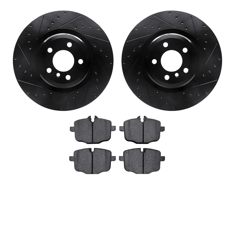 8502-31089 Drilled/Slotted Brake Rotors w/5000 Advanced Brake Pads Kit [Black], 2016-2019 BMW, Position: Rear