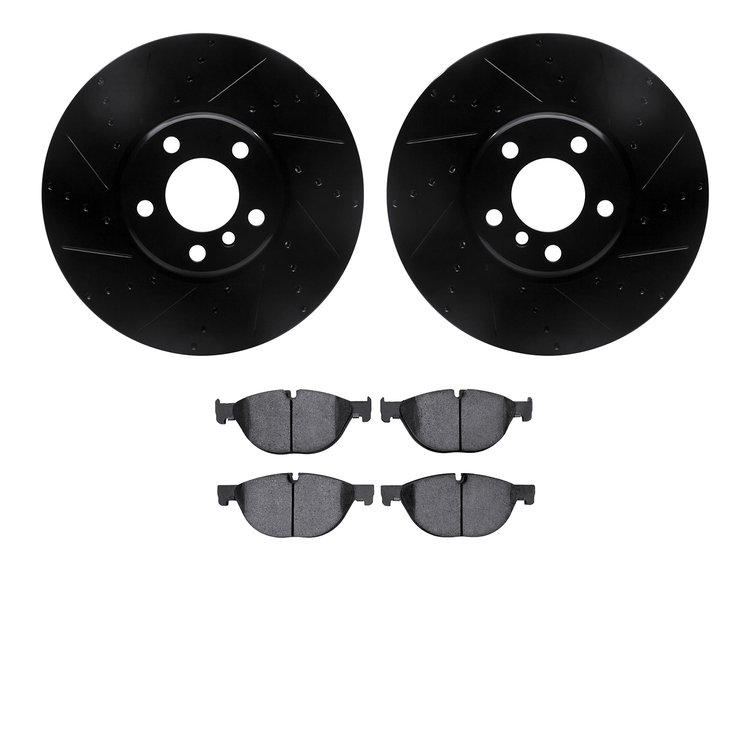 8502-31097 Drilled/Slotted Brake Rotors w/5000 Advanced Brake Pads Kit [Black], 2010-2018 BMW, Position: Front
