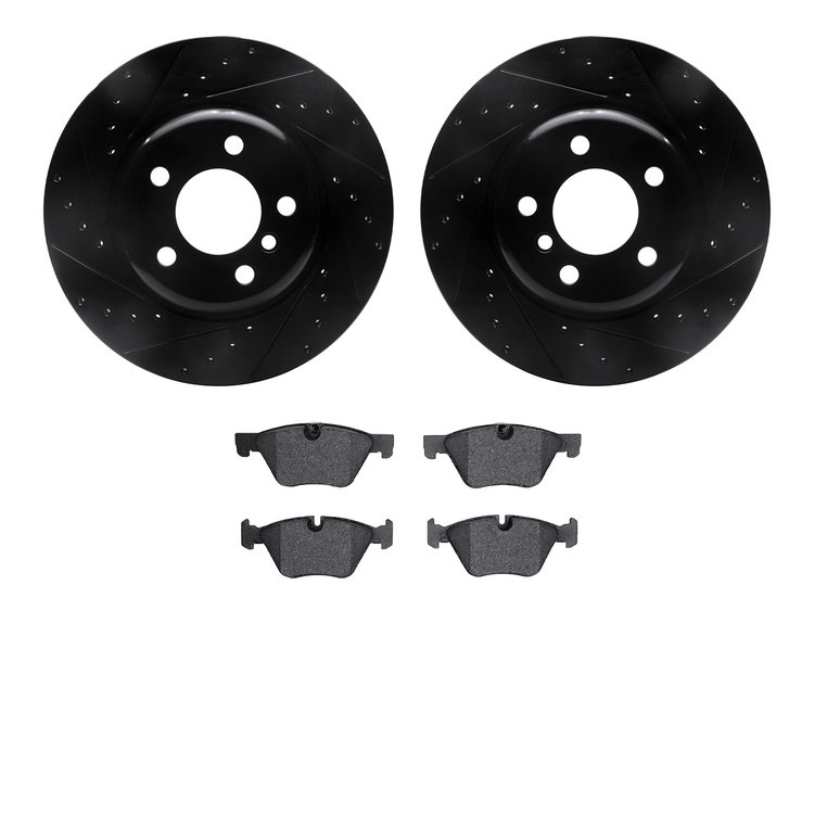 8502-31099 Drilled/Slotted Brake Rotors w/5000 Advanced Brake Pads Kit [Black], 2012-2016 BMW, Position: Front