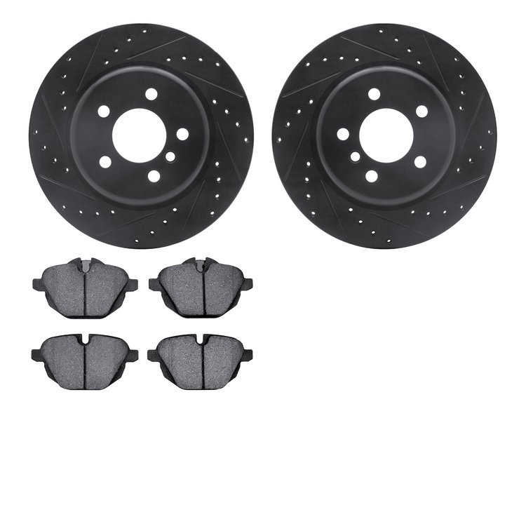 8502-31101 Drilled/Slotted Brake Rotors w/5000 Advanced Brake Pads Kit [Black], 2014-2016 BMW, Position: Rear