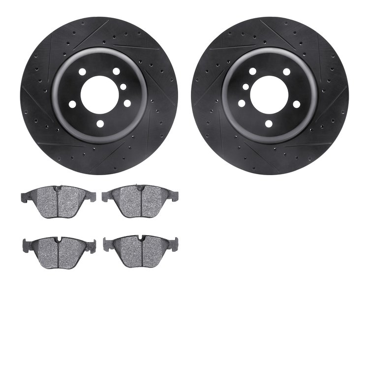 8502-31102 Drilled/Slotted Brake Rotors w/5000 Advanced Brake Pads Kit [Black], 2011-2016 BMW, Position: Front