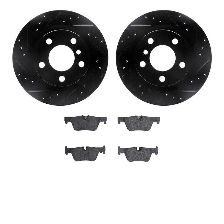8502-31111 Drilled/Slotted Brake Rotors w/5000 Advanced Brake Pads Kit [Black], 2012-2021 BMW, Position: Rear