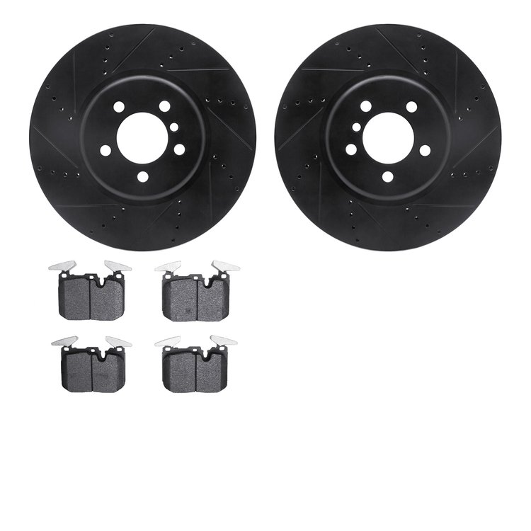 8502-31114 Drilled/Slotted Brake Rotors w/5000 Advanced Brake Pads Kit [Black], 2013-2020 BMW, Position: Front
