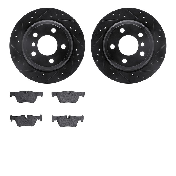 8502-31116 Drilled/Slotted Brake Rotors w/5000 Advanced Brake Pads Kit [Black], 2013-2020 BMW, Position: Rear