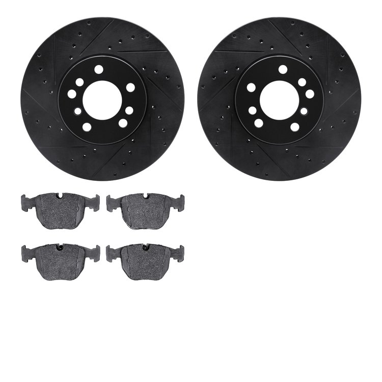 8502-31125 Drilled/Slotted Brake Rotors w/5000 Advanced Brake Pads Kit [Black], 2000-2006 BMW, Position: Front