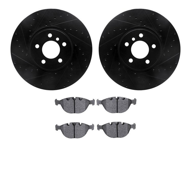 8502-31127 Drilled/Slotted Brake Rotors w/5000 Advanced Brake Pads Kit [Black], 2002-2006 BMW, Position: Front