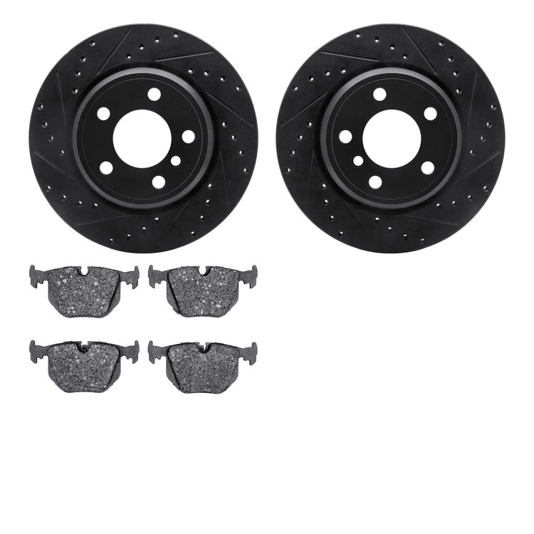 8502-31128 Drilled/Slotted Brake Rotors w/5000 Advanced Brake Pads Kit [Black], 2002-2006 BMW, Position: Rear