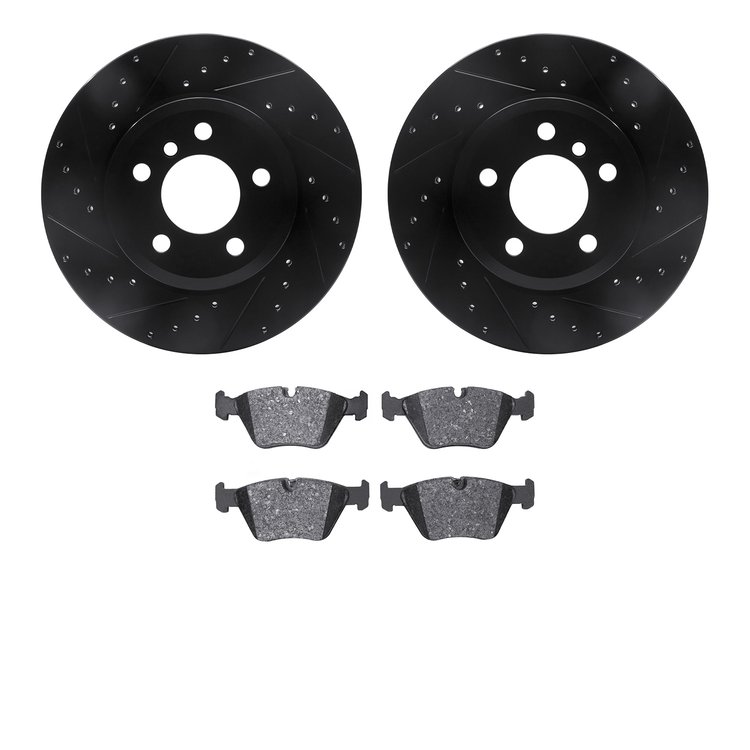 8502-31129 Drilled/Slotted Brake Rotors w/5000 Advanced Brake Pads Kit [Black], 2004-2010 BMW, Position: Front