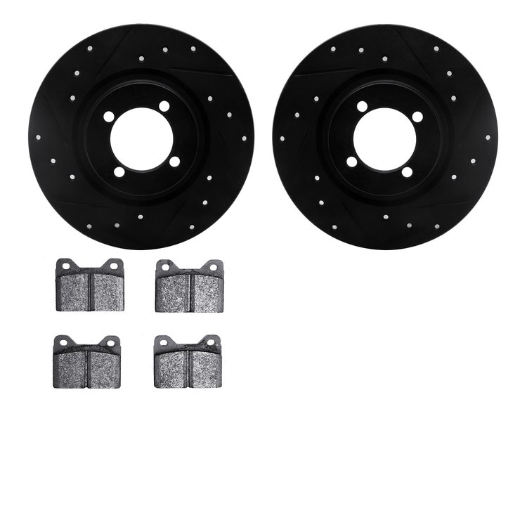 8502-31140 Drilled/Slotted Brake Rotors w/5000 Advanced Brake Pads Kit [Black], 1969-1976 BMW, Position: Front