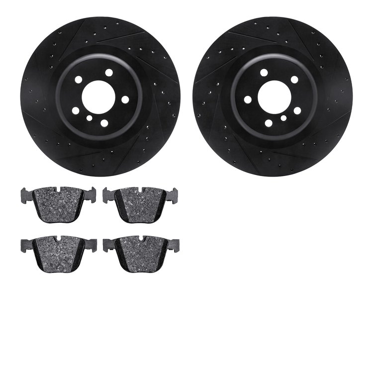 8502-31143 Drilled/Slotted Brake Rotors w/5000 Advanced Brake Pads Kit [Black], 2010-2014 BMW, Position: Rear