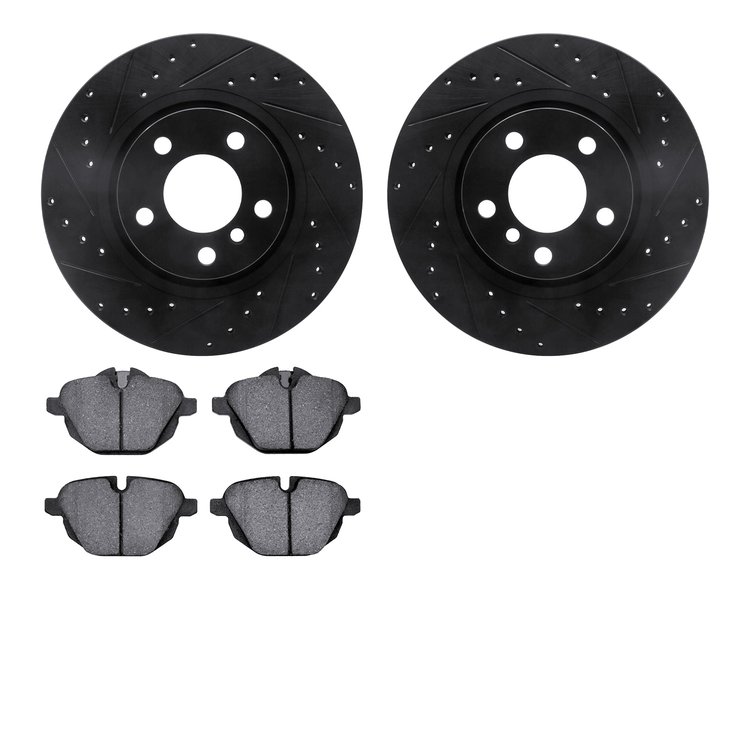 8502-31148 Drilled/Slotted Brake Rotors w/5000 Advanced Brake Pads Kit [Black], 2011-2018 BMW, Position: Rear