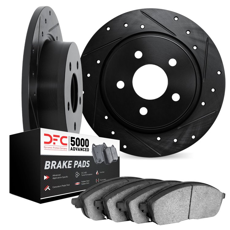 8502-31182 Drilled/Slotted Brake Rotors w/5000 Advanced Brake Pads Kit [Black], 1978-1981 BMW, Position: Rear