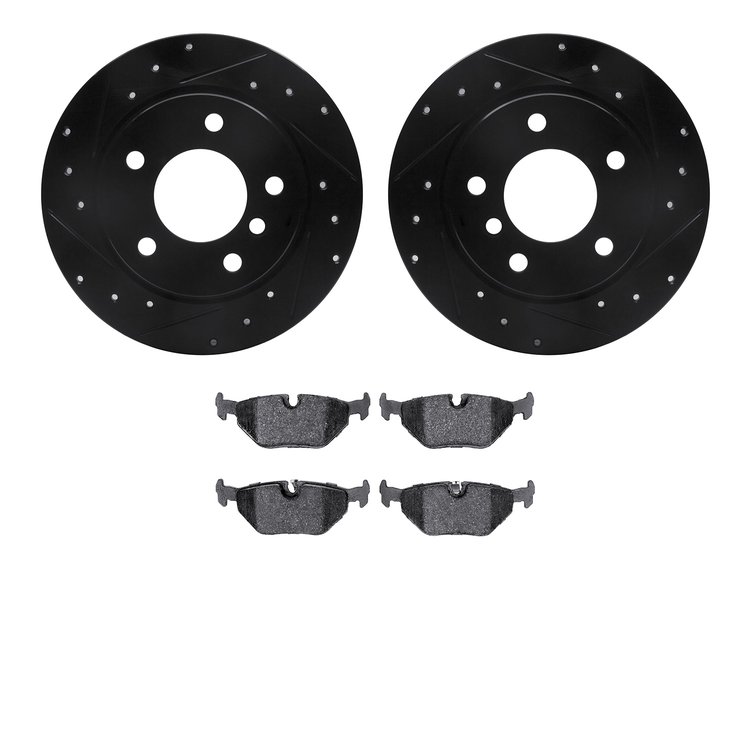 8502-31240 Drilled/Slotted Brake Rotors w/5000 Advanced Brake Pads Kit [Black], 1991-1999 BMW, Position: Rear