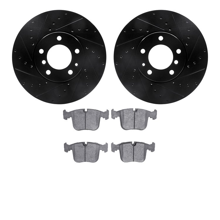 8502-31245 Drilled/Slotted Brake Rotors w/5000 Advanced Brake Pads Kit [Black], 1991-1993 BMW, Position: Front