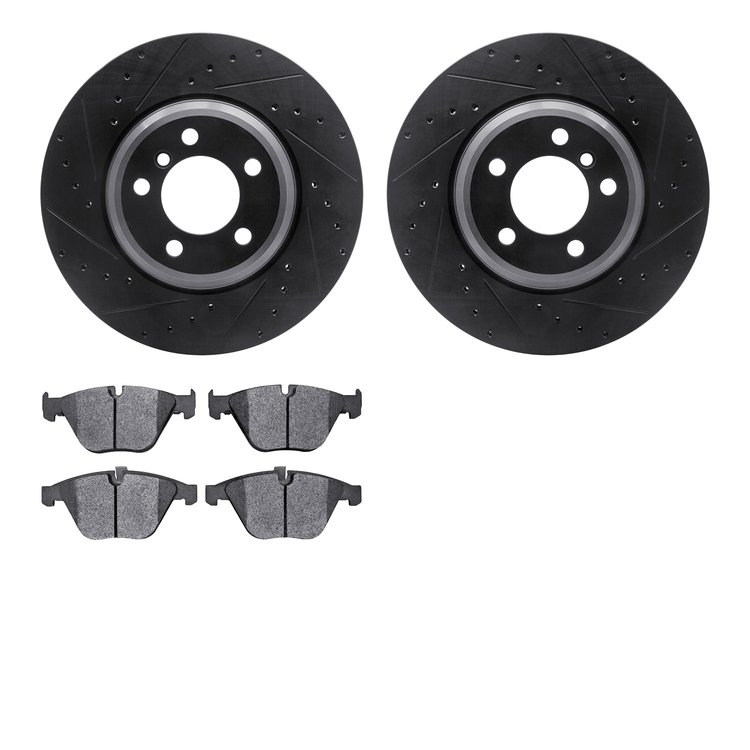 8502-31358 Drilled/Slotted Brake Rotors w/5000 Advanced Brake Pads Kit [Black], 2002-2008 BMW, Position: Front