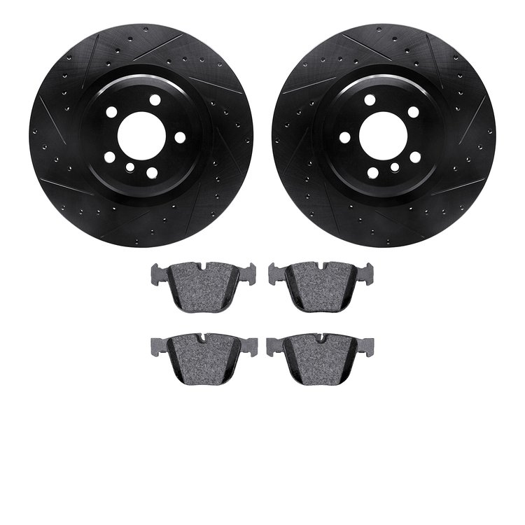 8502-31485 Drilled/Slotted Brake Rotors w/5000 Advanced Brake Pads Kit [Black], 2009-2015 BMW, Position: Rear