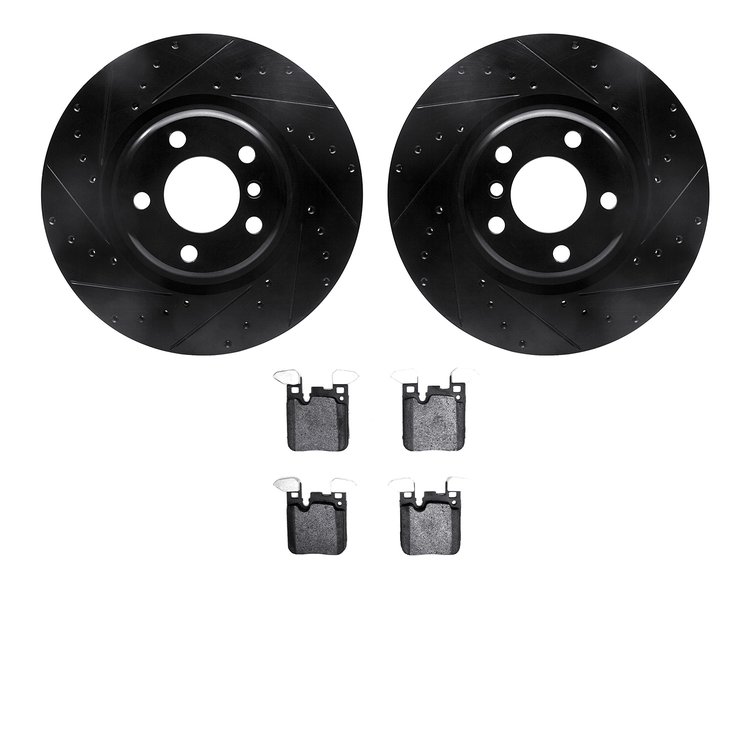 8502-31587 Drilled/Slotted Brake Rotors w/5000 Advanced Brake Pads Kit [Black], 2012-2020 BMW, Position: Rear