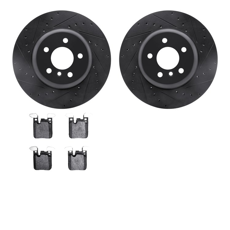 8502-31590 Drilled/Slotted Brake Rotors w/5000 Advanced Brake Pads Kit [Black], 2013-2021 BMW, Position: Rear
