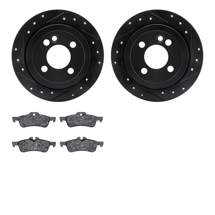 8502-32003 Drilled/Slotted Brake Rotors w/5000 Advanced Brake Pads Kit [Black], 2007-2008 Mini, Position: Rear