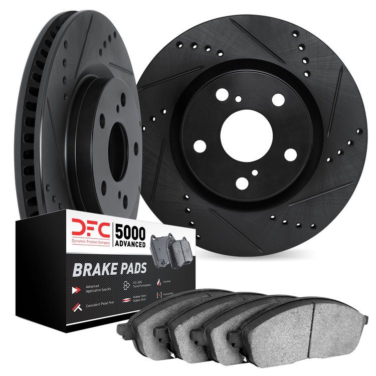 8502-32029 Drilled/Slotted Brake Rotors w/5000 Advanced Brake Pads Kit [Black], 2015-2019 Mini, Position: Front