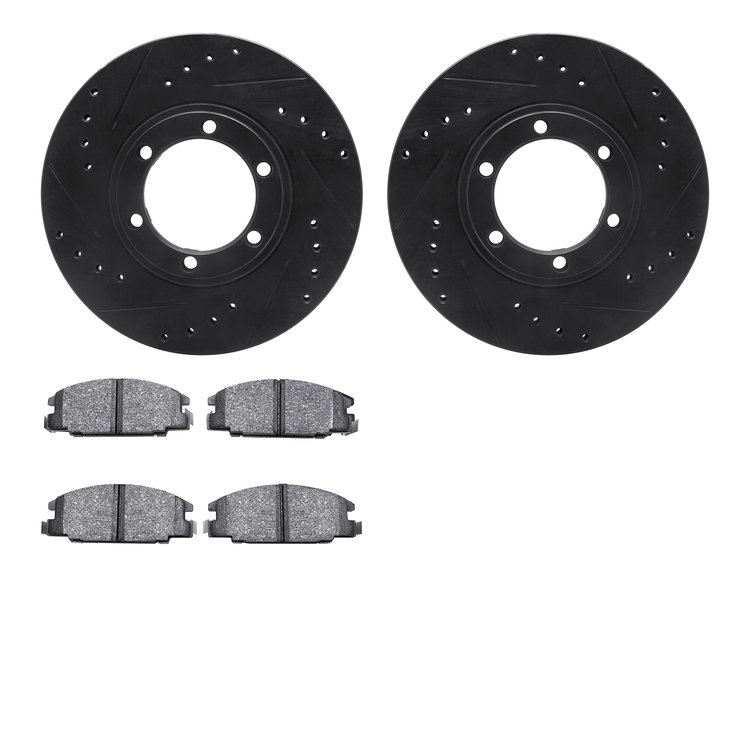 8502-37000 Drilled/Slotted Brake Rotors w/5000 Advanced Brake Pads Kit [Black], 1987-2005 Multiple Makes/Models, Position: Front