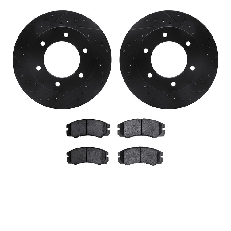 8502-37002 Drilled/Slotted Brake Rotors w/5000 Advanced Brake Pads Kit [Black], 2001-2001 GM, Position: Front