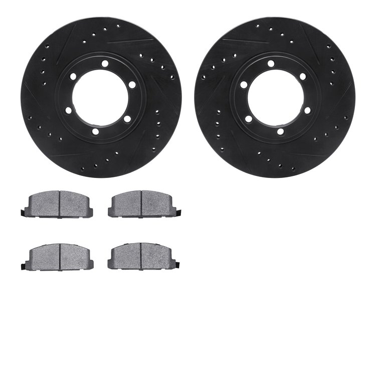 8502-37005 Drilled/Slotted Brake Rotors w/5000 Advanced Brake Pads Kit [Black], 1986-1986 GM, Position: Front