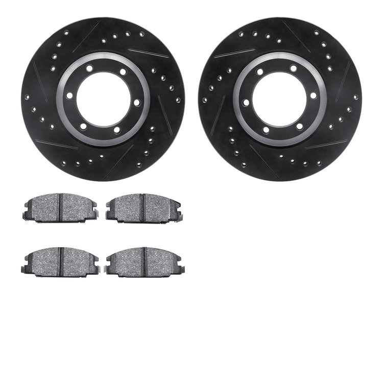 8502-37006 Drilled/Slotted Brake Rotors w/5000 Advanced Brake Pads Kit [Black], 1986-1986 GM, Position: Front