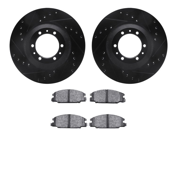 8502-37008 Drilled/Slotted Brake Rotors w/5000 Advanced Brake Pads Kit [Black], 1995-1995 GM, Position: Front
