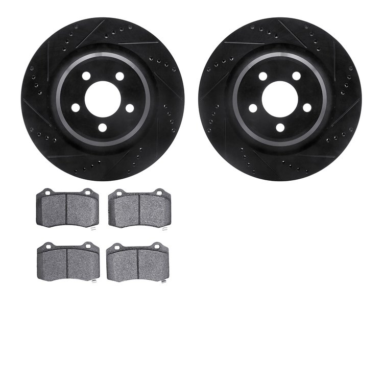 8502-39011 Drilled/Slotted Brake Rotors w/5000 Advanced Brake Pads Kit [Black], Fits Select Mopar, Position: Rear