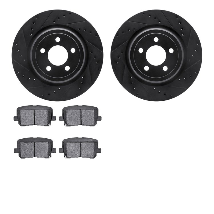 8502-39012 Drilled/Slotted Brake Rotors w/5000 Advanced Brake Pads Kit [Black], Fits Select Mopar, Position: Rear