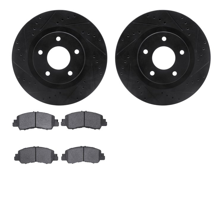 8502-39014 Drilled/Slotted Brake Rotors w/5000 Advanced Brake Pads Kit [Black], Fits Select Mitsubishi, Position: Front