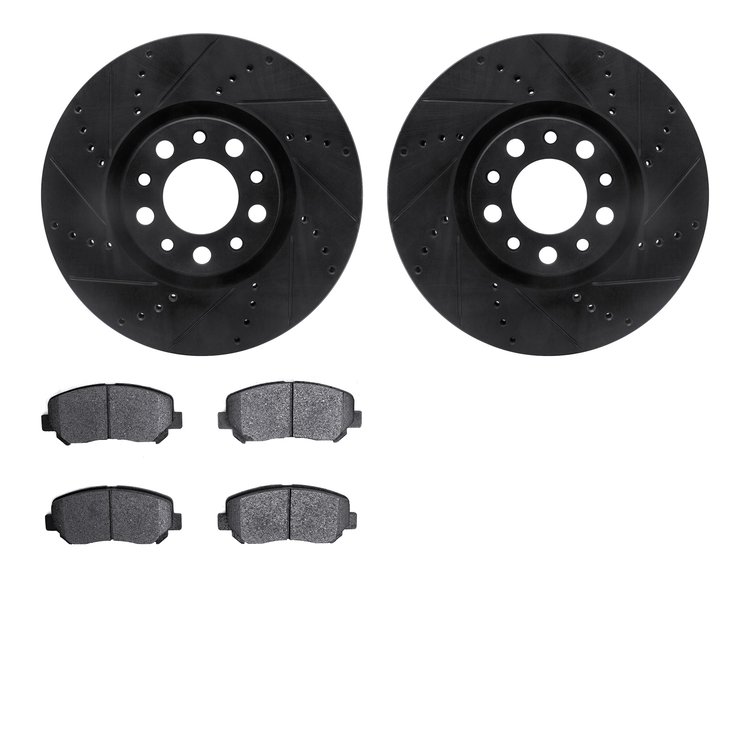 8502-39015 Drilled/Slotted Brake Rotors w/5000 Advanced Brake Pads Kit [Black], 2013-2017 Mopar, Position: Front