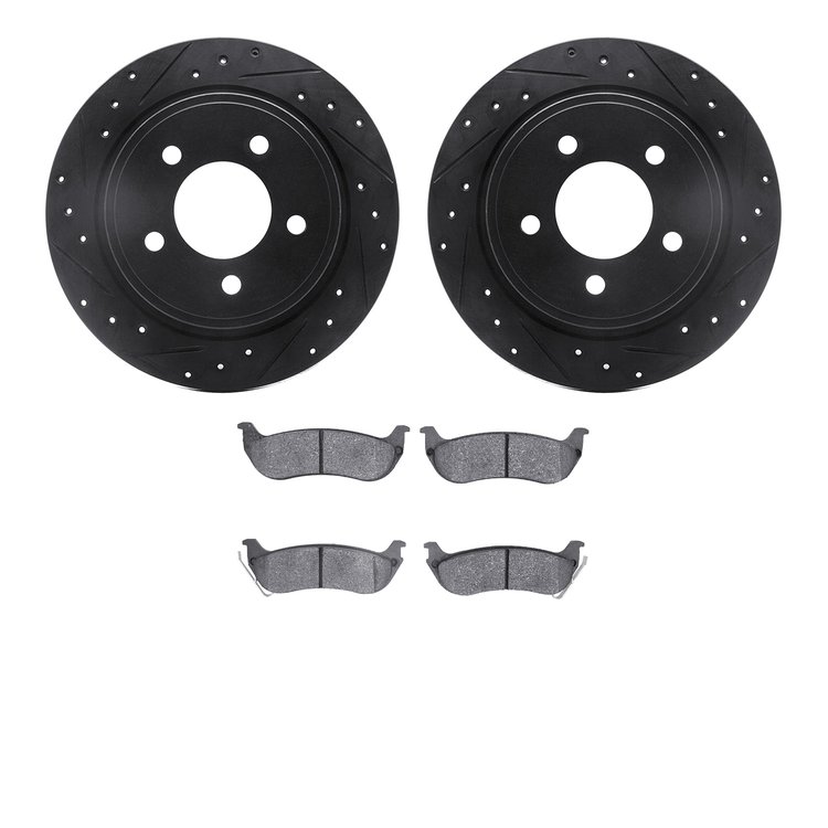 8502-39030 Drilled/Slotted Brake Rotors w/5000 Advanced Brake Pads Kit [Black], 2004-2008 Mopar, Position: Rear