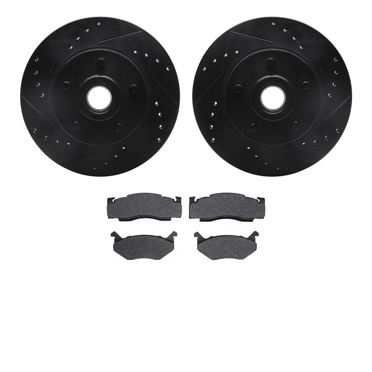 8502-39033 Drilled/Slotted Brake Rotors w/5000 Advanced Brake Pads Kit [Black], 1973-1989 Mopar, Position: Front
