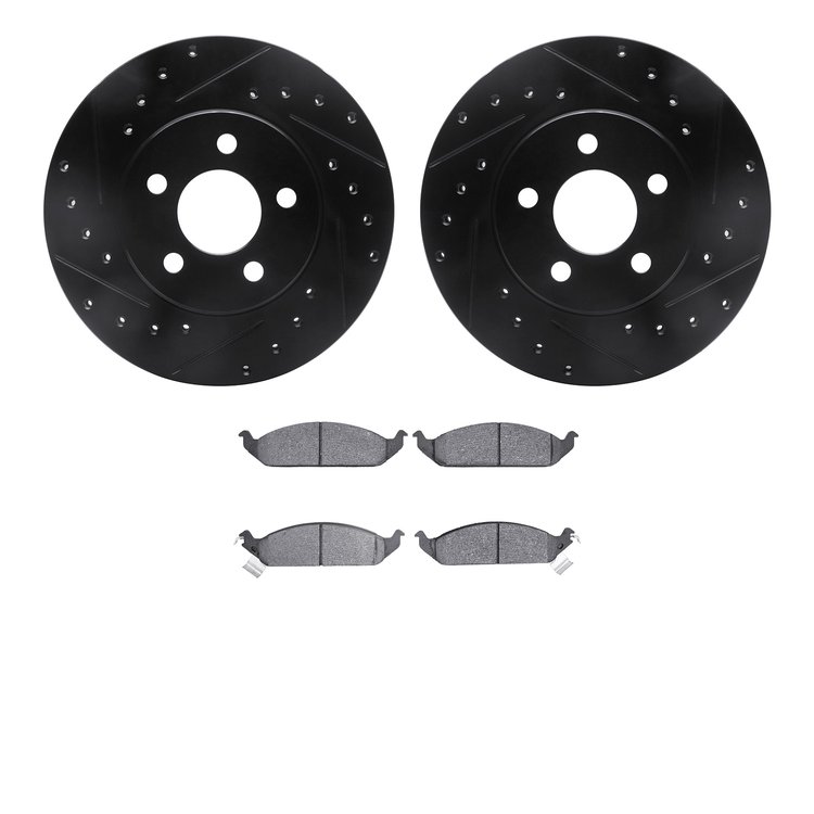 8502-39040 Drilled/Slotted Brake Rotors w/5000 Advanced Brake Pads Kit [Black], 1995-2000 Mopar, Position: Front