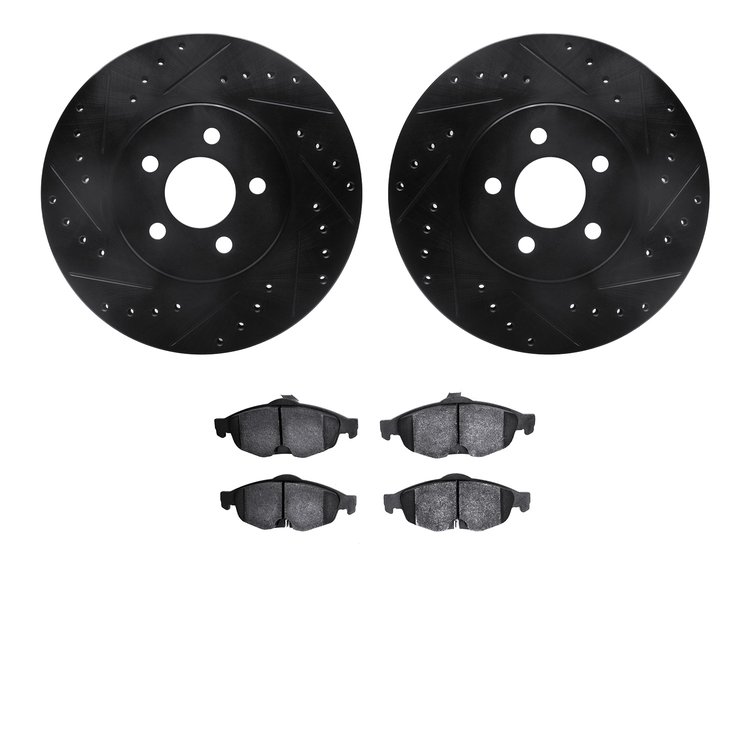 8502-39043 Drilled/Slotted Brake Rotors w/5000 Advanced Brake Pads Kit [Black], 2001-2006 Mopar, Position: Front