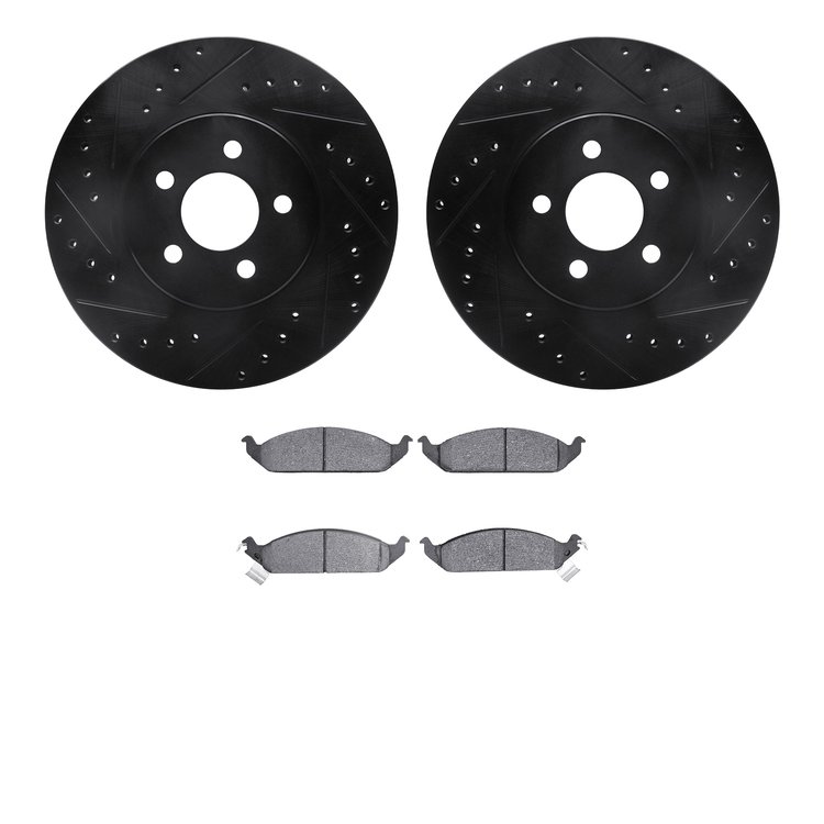 8502-39049 Drilled/Slotted Brake Rotors w/5000 Advanced Brake Pads Kit [Black], 1995-2000 Mopar, Position: Front