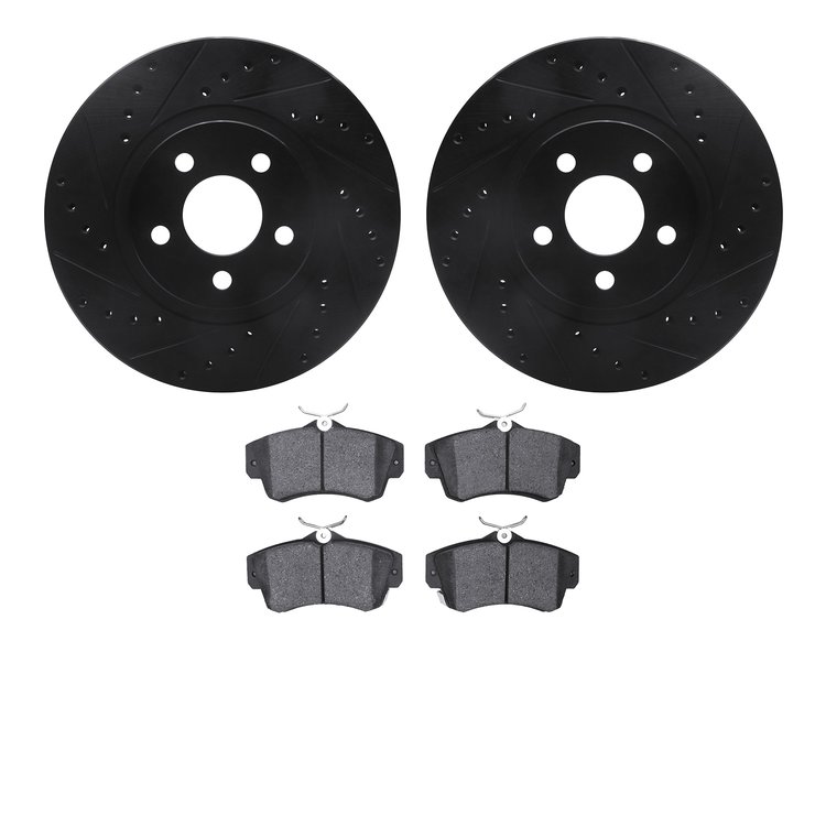8502-39083 Drilled/Slotted Brake Rotors w/5000 Advanced Brake Pads Kit [Black], 2001-2010 Mopar, Position: Front