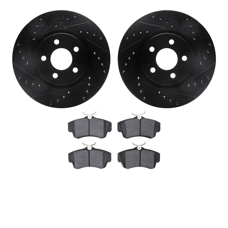 8502-39086 Drilled/Slotted Brake Rotors w/5000 Advanced Brake Pads Kit [Black], 2003-2009 Mopar, Position: Front