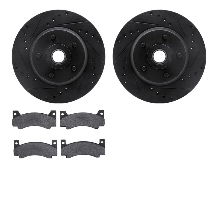 8502-39104 Drilled/Slotted Brake Rotors w/5000 Advanced Brake Pads Kit [Black], 1972-1973 Mopar, Position: Front