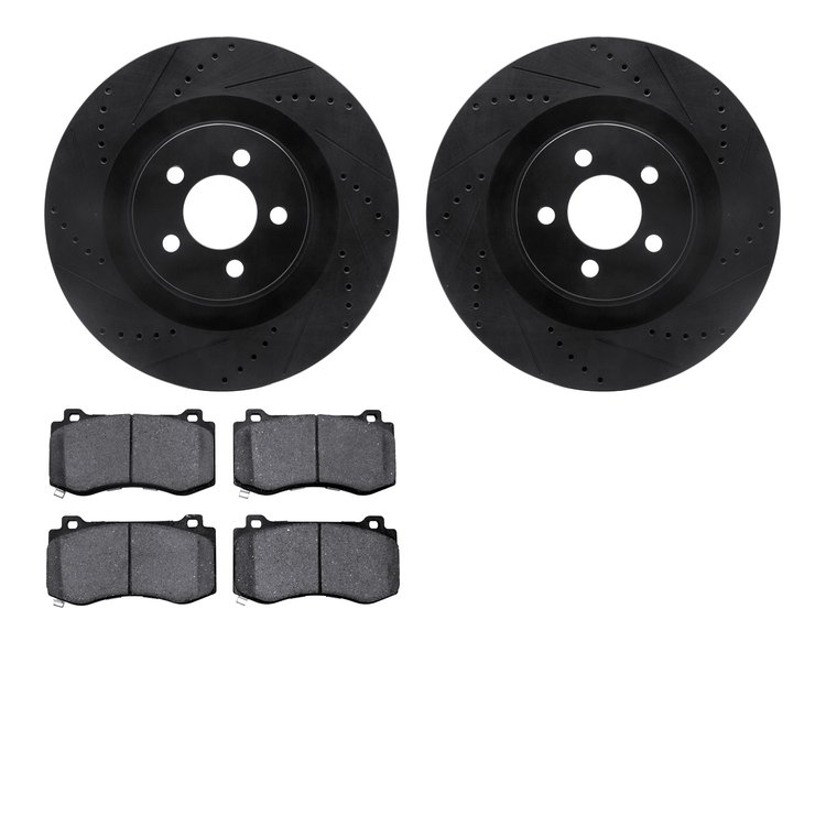8502-39119 Drilled/Slotted Brake Rotors w/5000 Advanced Brake Pads Kit [Black], Fits Select Mopar, Position: Front