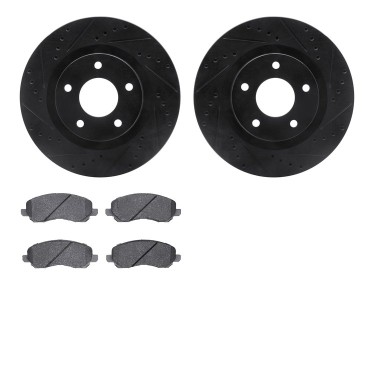 8502-39134 Drilled/Slotted Brake Rotors w/5000 Advanced Brake Pads Kit [Black], 2007-2016 Mopar, Position: Front