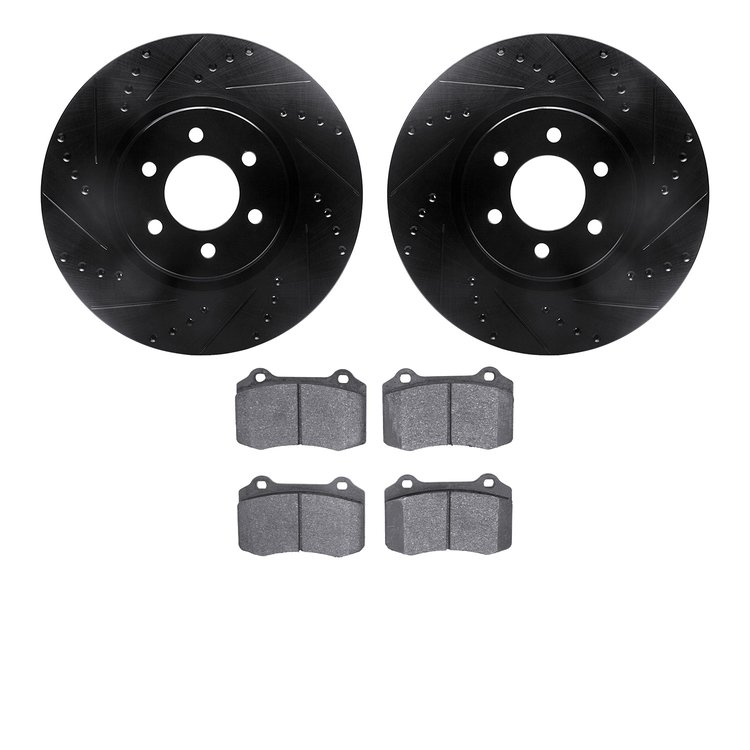 8502-40006 Drilled/Slotted Brake Rotors w/5000 Advanced Brake Pads Kit [Black], 1992-2002 Mopar, Position: Front