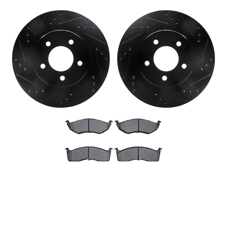 8502-40011 Drilled/Slotted Brake Rotors w/5000 Advanced Brake Pads Kit [Black], 1998-2004 Mopar, Position: Front