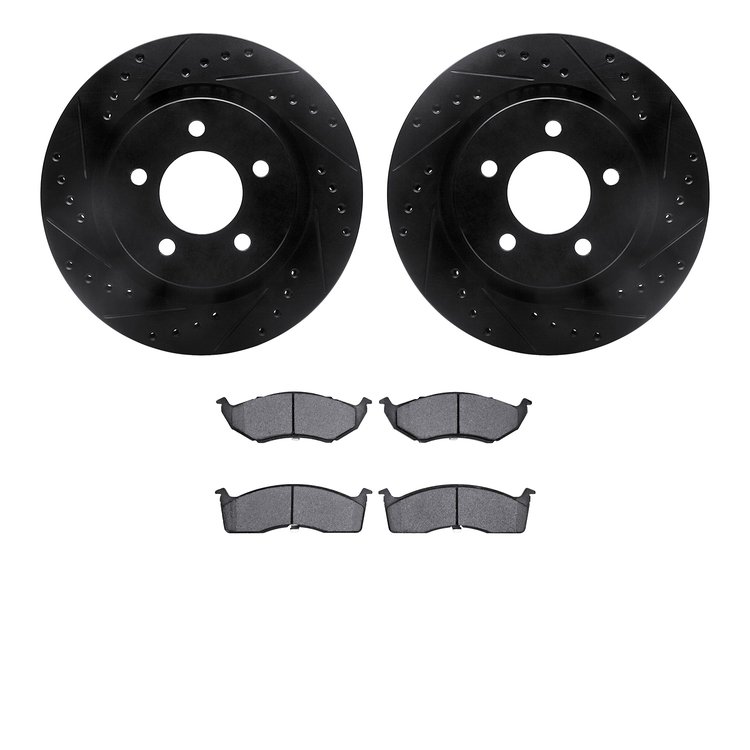 8502-40012 Drilled/Slotted Brake Rotors w/5000 Advanced Brake Pads Kit [Black], 2000-2004 Mopar, Position: Front