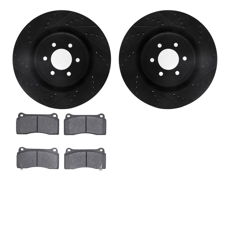 8502-40013 Drilled/Slotted Brake Rotors w/5000 Advanced Brake Pads Kit [Black], 2003-2017 Mopar, Position: Front