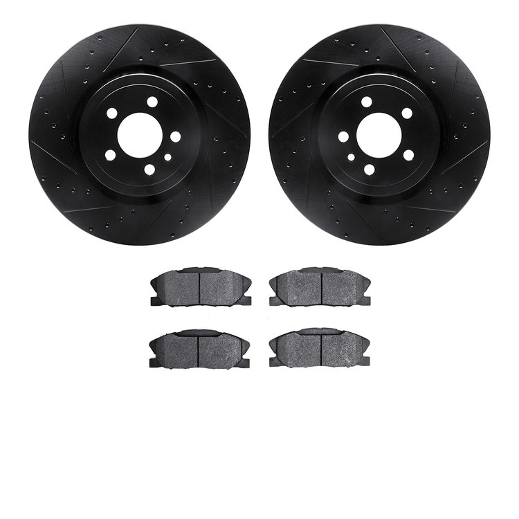8502-40018 Drilled/Slotted Brake Rotors w/5000 Advanced Brake Pads Kit [Black], Fits Select Mopar, Position: Front