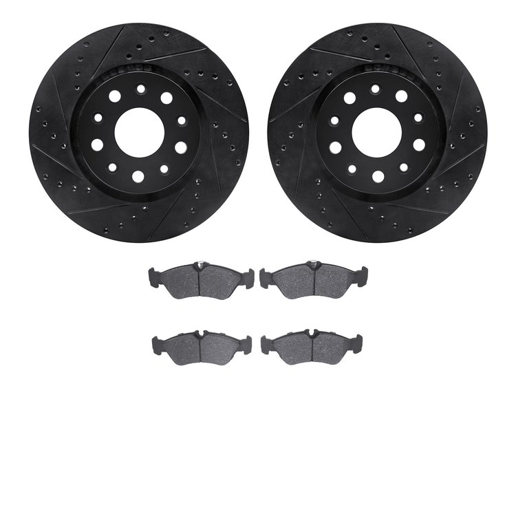 8502-40019 Drilled/Slotted Brake Rotors w/5000 Advanced Brake Pads Kit [Black], 2002-2006 Multiple Makes/Models, Position: Rear